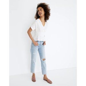 Madewell V-Neck Smocked-Waist Top in Square Jacquard in Eyelet White